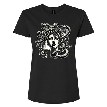 Black t-shirt with Medusa graphic design on a white background